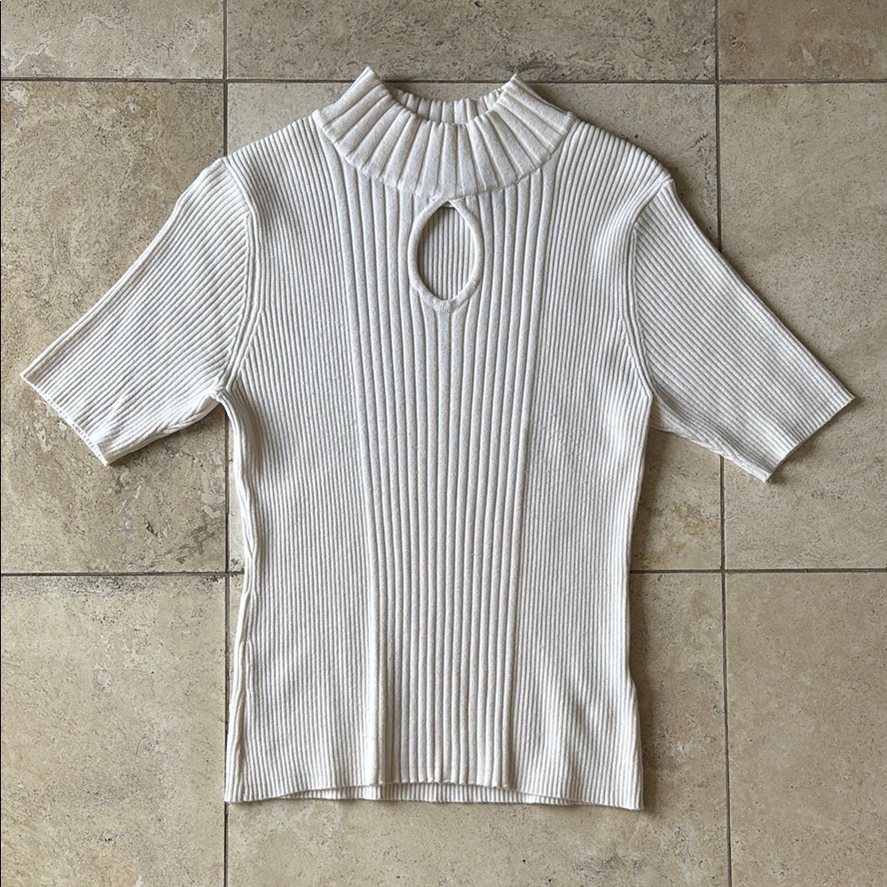 Cream Ribbed Short Sleeve Blouse with Cut Out